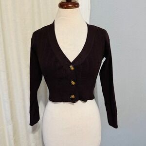 All The Ways Brown Ribbed Knit Cropped Cardigan V-Neck Stretcy Top Women Size S‎